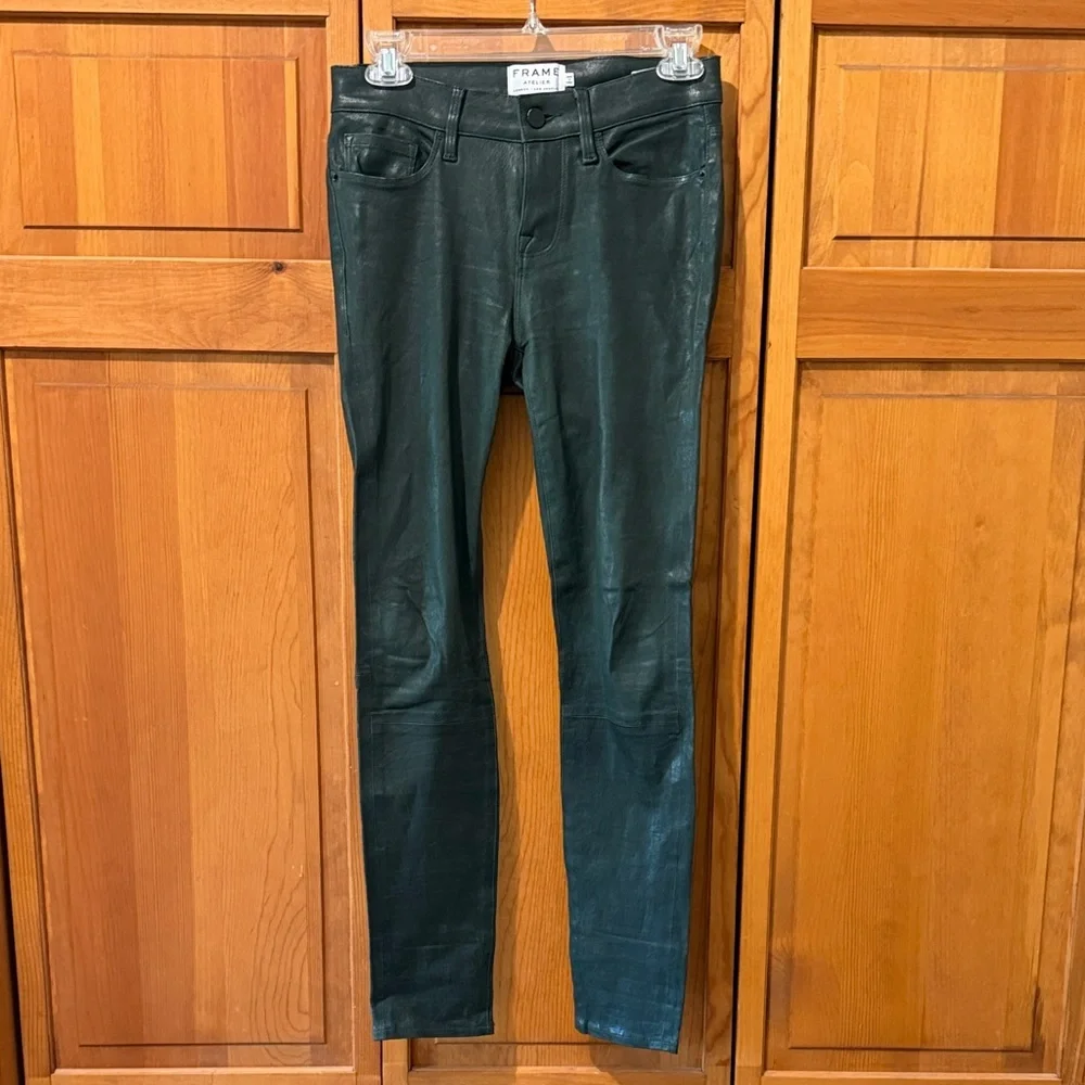 FRAME Le Skinny De Jeanne Green Lamb Leather Pants - Picture 2 of 6